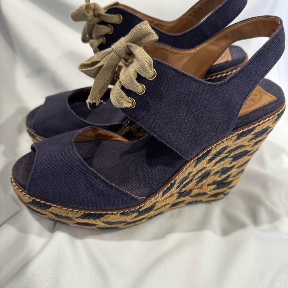 Tory Burch Navy and Tan Espadrille Wedges - Picture 7 of 8